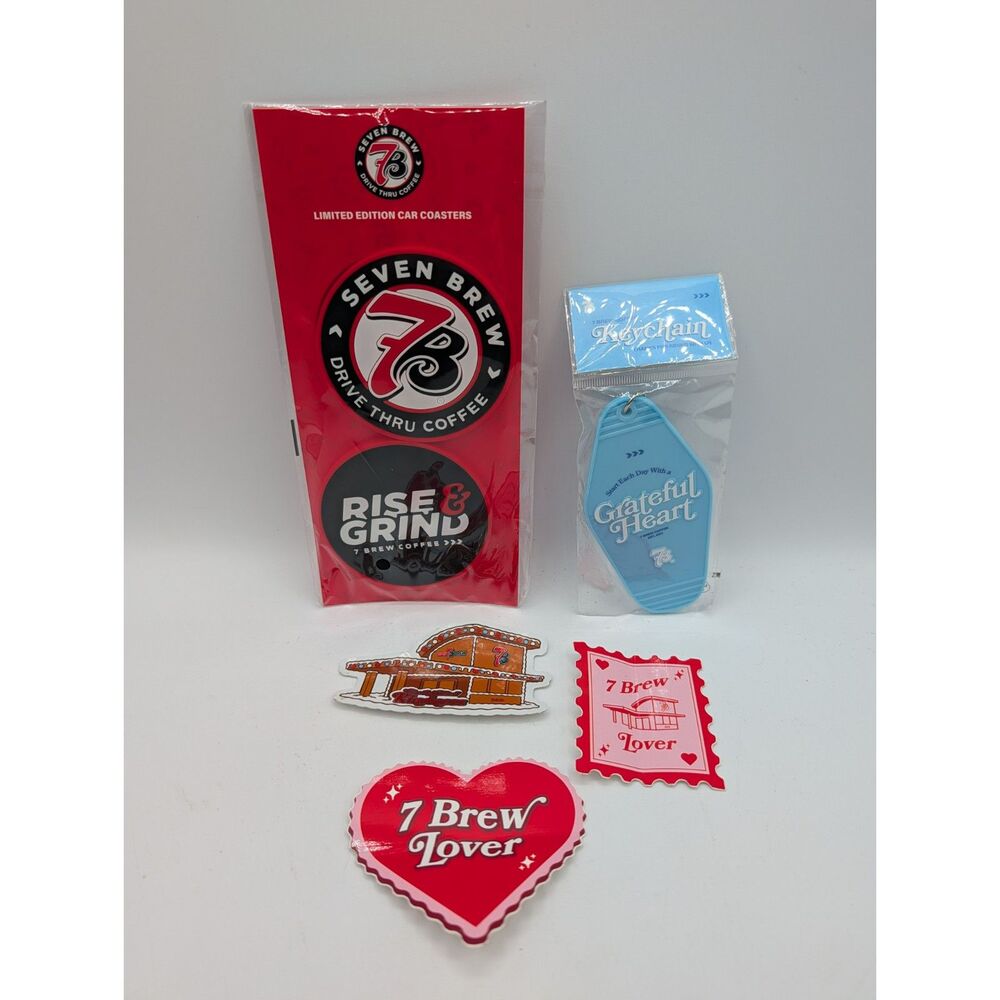7Brew coffee Lot - Foam Coasters / Hotel Blue Keychain / Stickers (3)